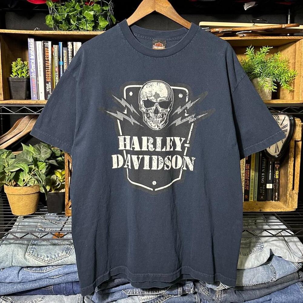 Harley Davidson Skull Biker Tee Mens XL Black and White Motorcycle Shirt